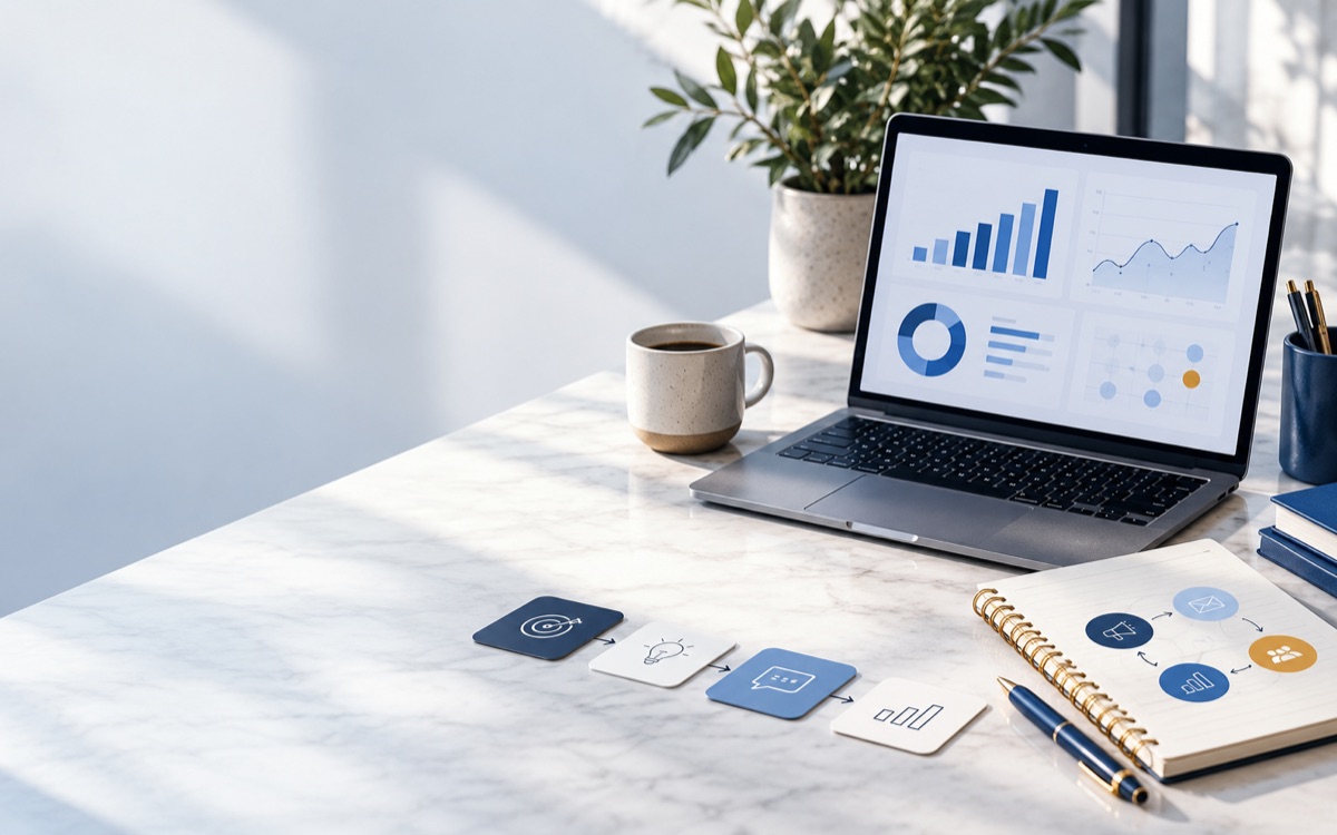 Desk with a laptop displaying marketing charts and cards representing a connected AI workflow