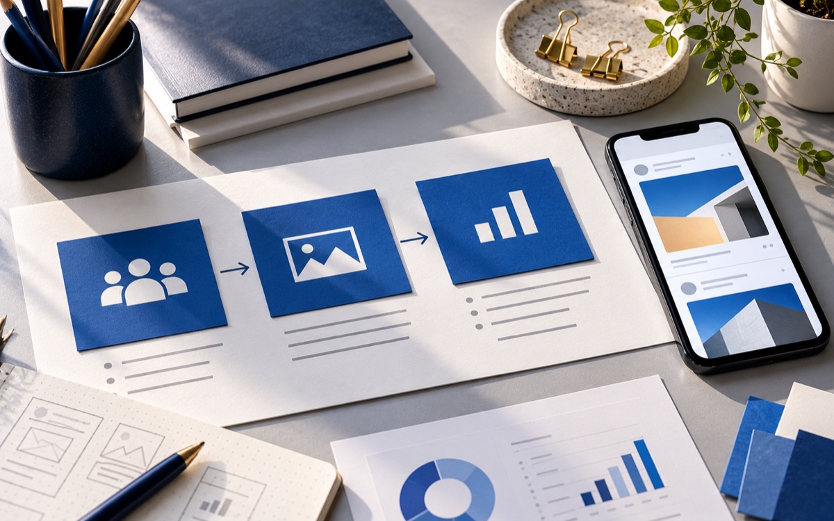 Campaign planning cards beside a phone and performance charts